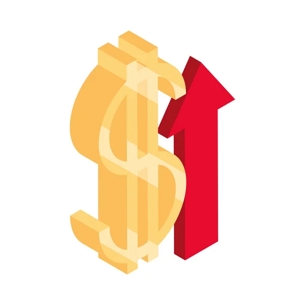 Isometrische geld contant geld groei pijl dollar financieel geïsoleerd op witte achtergrond platte pictogram — Stockvector
