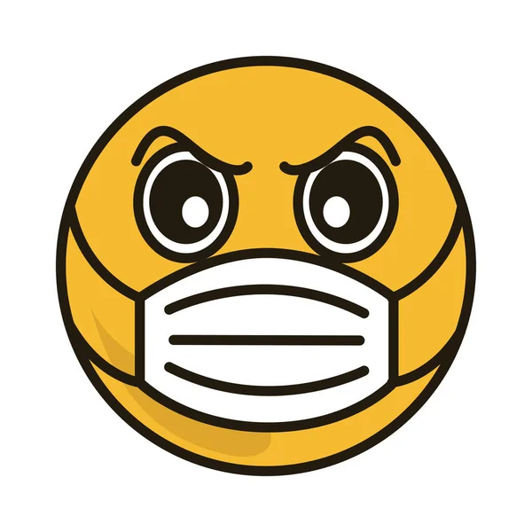 Emoticon wütend mit medizinischer Maske Coronavirus covid-19 Pandemie, flacher Cartoon-Stil — Stockvektor