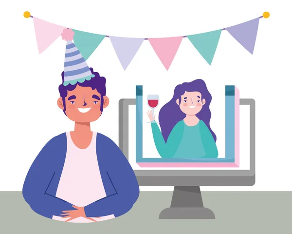 Online πάρτι, γενέθλια ή συνάντηση φίλων, άντρας και γυναίκα που μιλούν για εορτασμό βίντεο υπολογιστή — Διανυσματικό Αρχείο
