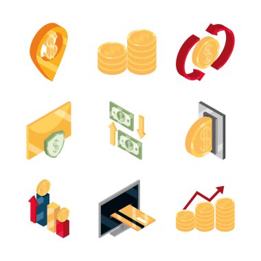 İzometrik para nakit para para para iş sikkeleri beyaz arkaplan düz simgeleri izole banknotlar