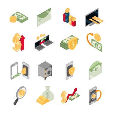 İzometrik para nakit para para para iş sikkeleri beyaz arkaplan düz simgeleri izole banknotlar