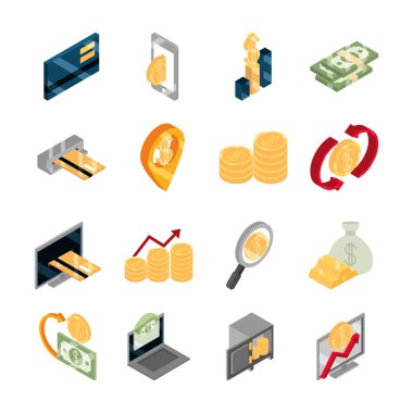 İzometrik para nakit para para para iş sikkeleri beyaz arkaplan düz simgeleri izole banknotlar