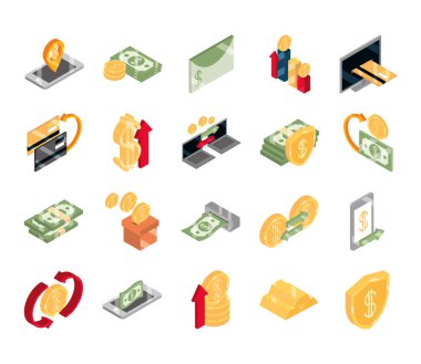 İzometrik para nakit para para para iş sikkeleri beyaz arkaplan düz simgeleri izole banknotlar