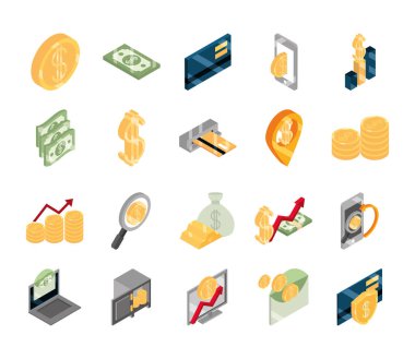 İzometrik para nakit para para para iş sikkeleri beyaz arkaplan düz simgeleri izole banknotlar