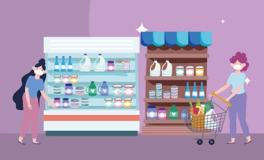 Online market, alışveriş arabası süpermarketi olan kadın ve kız, bakkalda yiyecek teslimatı