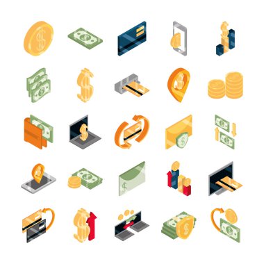 İzometrik para nakit para para para iş sikkeleri beyaz arkaplan düz simgeleri izole banknotlar