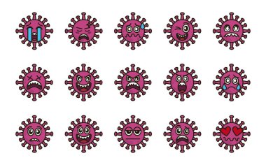 Virüs simgesi, covid-19 emoji karakter enfeksiyonu, düz çizgi film stili