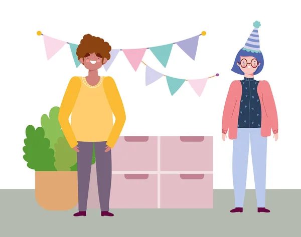 Festa online, compleanno o incontro di amici, uomo e donna in casa cappello pennant decorazione festiva — Vettoriale Stock
