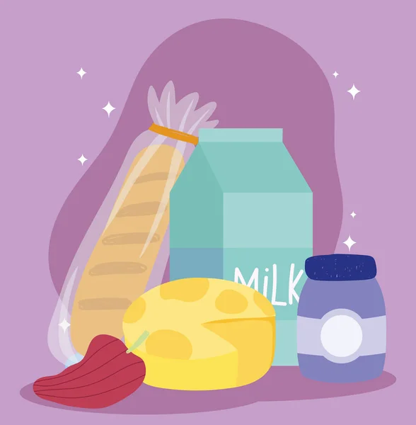 Marché en ligne, pain fromage poivre lait, livraison de nourriture dans l'épicerie — Image vectorielle