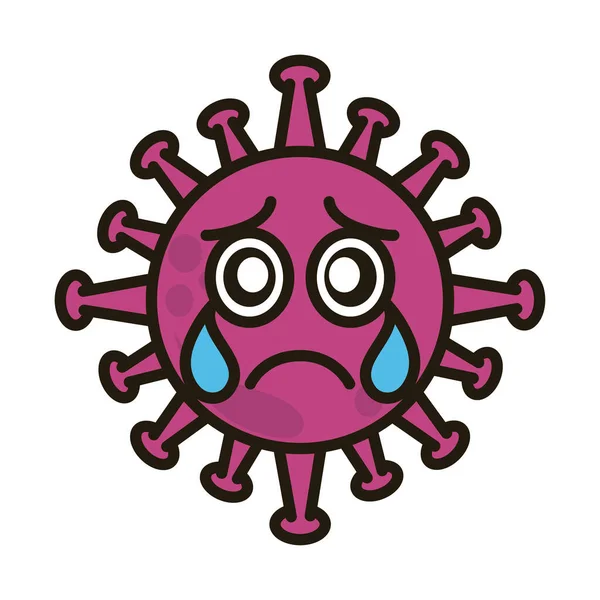 Virus emoticon, covid-19 emoji personaggio infezione, viso piangendo stile cartone animato piatto — Vettoriale Stock