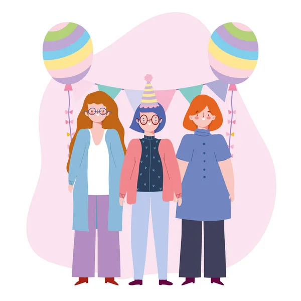 Aniversário ou amigos de reunião, mulheres de grupo com chapéu balão bunting decoração celebração — Vetor de Stock