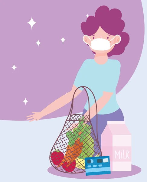Mercato online, cliente con maschera eco friendly bag carta di credito, consegna di cibo nel negozio di alimentari — Vettoriale Stock