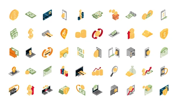 Dinheiro isométrico em dinheiro moeda estrangeira moedas de negócios notas isoladas sobre fundo branco conjunto de ícones planos —  Vetores de Stock