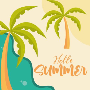 Merhaba yaz seyahati ve tatil sezonu, palmiye ağaçları sahil denizi, harf yazıları.