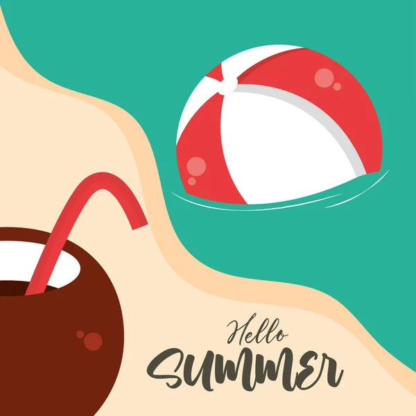 Olá viagem de verão e temporada de férias, coquetel de coco bola de praia no mar, texto lettering — Vetor de Stock
