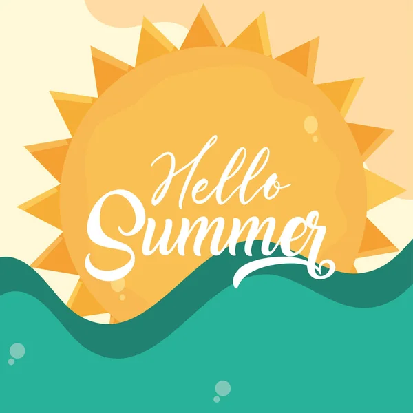 Hello καλοκαιρινά ταξίδια και διακοπές εποχή, παραλία άμμο σημαία θάλασσα ήλιο, επιστολόχαρτο κείμενο — Διανυσματικό Αρχείο