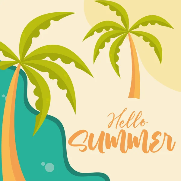 Ahoj letní cestování a dovolená sezóna, palmy pláž pobřeží moře, nápis text — Stockový vektor