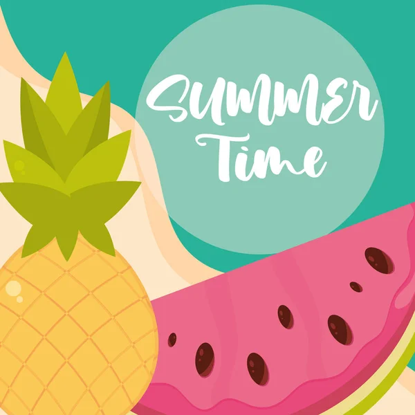 Olá viagem de verão e temporada de férias, areia de praia de abacaxi melancia, texto lettering — Vetor de Stock