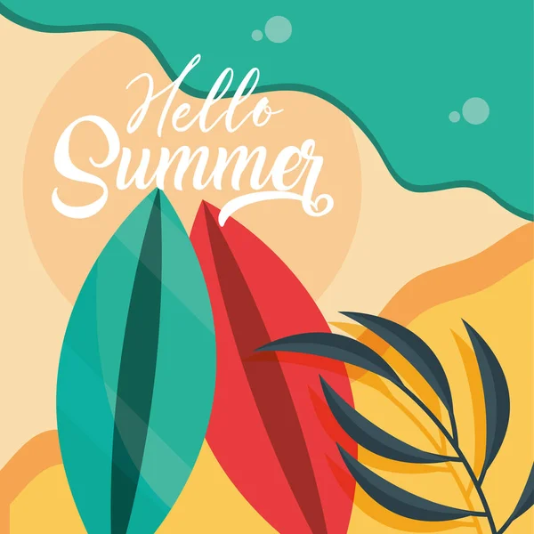 Hello sommar resor och semester säsong, surfingbrädor strand sand löv, bokstäver text — Stock vektor