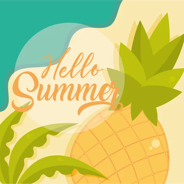 Hola viaje de verano y temporada de vacaciones, follaje de playa de piña, texto de letras — Vector de stock