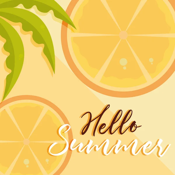 Hello sommar resor och semester säsong, skivor citron citrus blad sand, bokstäver text — Stock vektor