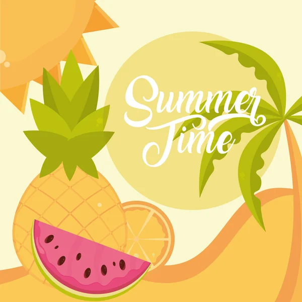 Hello summer travel and vacation season, armelon pineapple lemon sand sun palm tree, lettering text — стоковый вектор