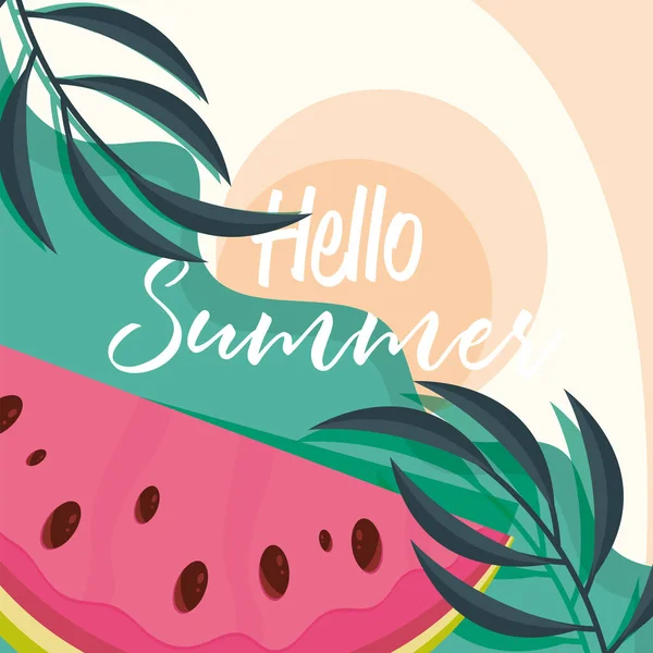 Hola viaje de verano y temporada de vacaciones, cortar hojas de sandía tropical, texto de letras de banner — Vector de stock