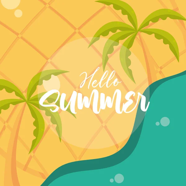 Hallo Sommerreise und Urlaubszeit, Strand Palmen Ananas Hintergrund, Schriftzug Text — Stockvektor