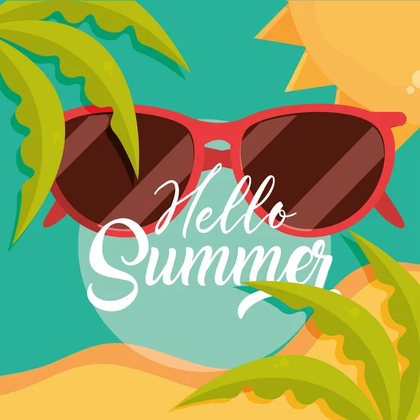 Hello summer travel and vacation season, sunglasses beach sand sea leaves, lettering text — Stock Vector