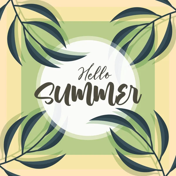 Hello sommar resor och semester säsong, bokstäver text blad emblem — Stock vektor