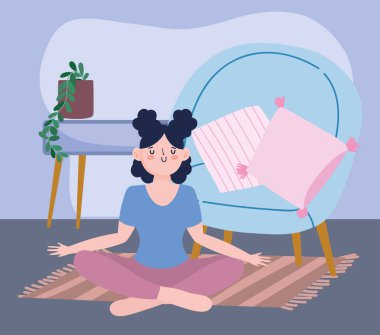 Evde kalmak, yoga yapan bir kız yerde meditasyon yapmak, kendini izole etmek, koronavirüs için karantina faaliyetleri