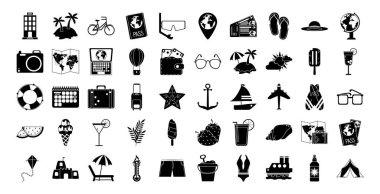 yaz seyahati ve tatil silüet tarzı izole simgeler ayarlandı