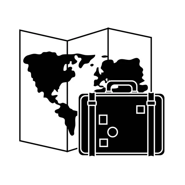 Viaje de verano y maleta de vacaciones y destino mapa en el estilo de silueta icono aislado — Vector de stock