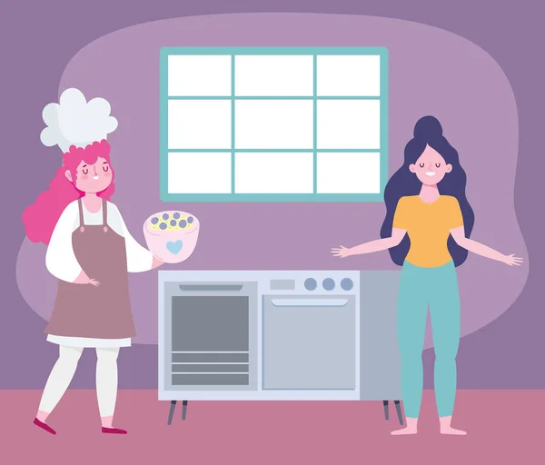 Оставаться дома, женщина-повар и девочка на кухне, карантинные мероприятия — стоковый вектор