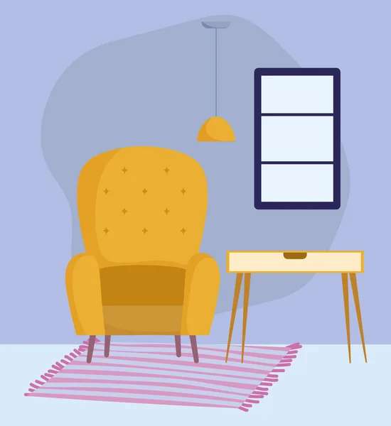 黄椅桌天花板灯窗和地毯装饰 — 图库矢量图片