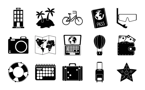 Voyage et vacances d'été dans le style silhouette icônes isolées ensemble — Image vectorielle