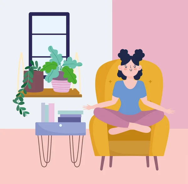 Rester à la maison, fille sur chaise pose de méditation, auto isolement, activités en quarantaine pour le coronavirus — Image vectorielle
