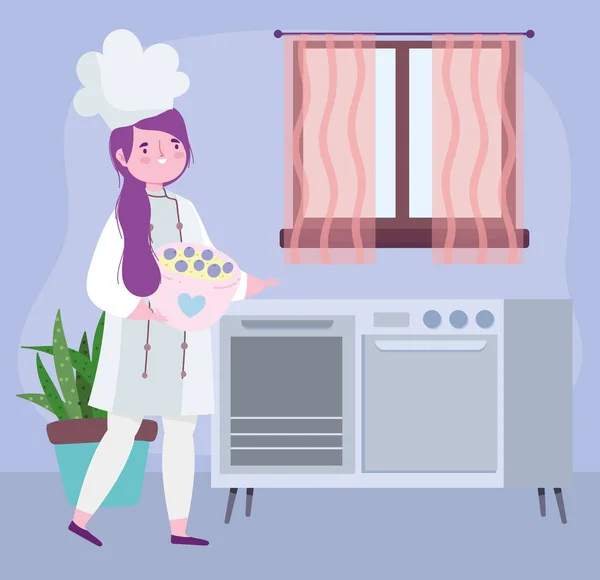 Остаться дома, женщина шеф-повар с десертом в чаше мультфильма, приготовления карантина деятельности — стоковый вектор