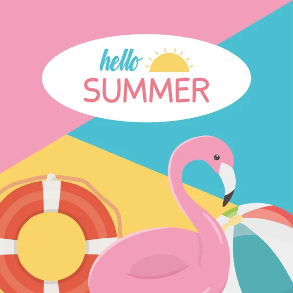 Summer travel and vacation float flamingo lifebuoy beach ball banner — Stock Vector