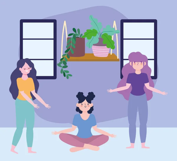 Rester à la maison, fille dans le yoga de méditation et les femmes debout dans la chambre, isolement personnel, activités en quarantaine pour le coronavirus — Image vectorielle