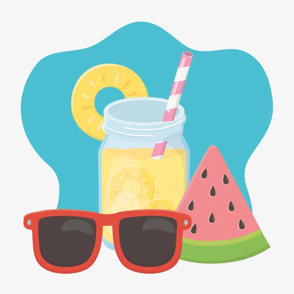 Sommerreise und Urlaub Scheibe Wassermelone Sonnenbrille und Saft — Stockvektor