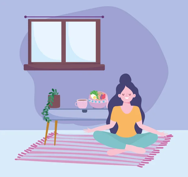 Quedarse en casa, chica sentada en el suelo con comida en la mesa de dibujos animados, actividades de cuarentena — Vector de stock