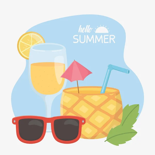 Summer travel and vacation pineapple sunglasses cocktail with lemon — Stock Vector