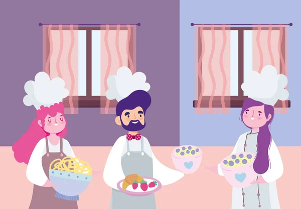 Stare a casa, personaggi femminili e maschili chef con cartoni animati alimentari, attività di quarantena cucina — Vettoriale Stock