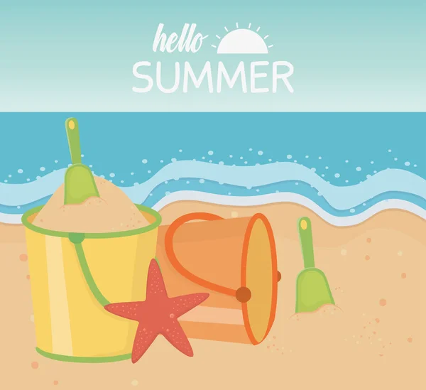 Olá viagens de verão e férias balde de areia pá estrela do mar de praia — Vetor de Stock