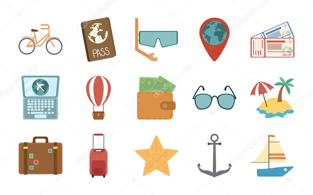 summer travel and vacation in flat style isolated icons set