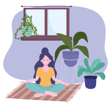 Evde kalmak, meditasyon yoga pozu vermek, kendini izole etmek, koronavirüs için karantina faaliyetleri.
