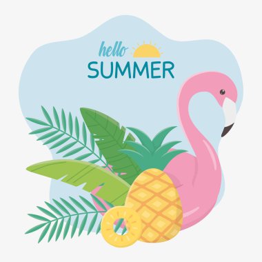 Yaz seyahati ve tatil flamingo ananas yaprakları tropikal