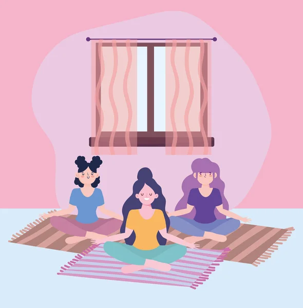 Quedarse en casa, niñas en meditación de yoga en la estera, auto-aislamiento, actividades en cuarentena por coronavirus — Vector de stock