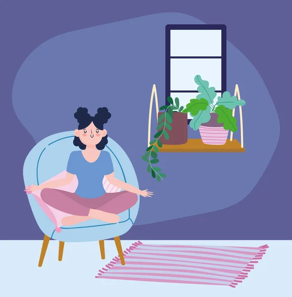 Quedarse en casa, chica en meditación yoga pose en silla, autoaislamiento, actividades en cuarentena por coronavirus — Vector de stock